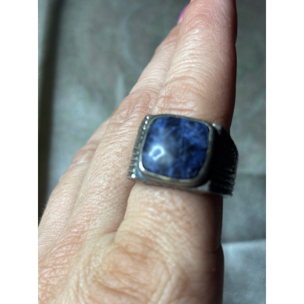 Mens 925 Sterling Silver Sodalite Signet Ring Blue Gemstone Textured Size 10